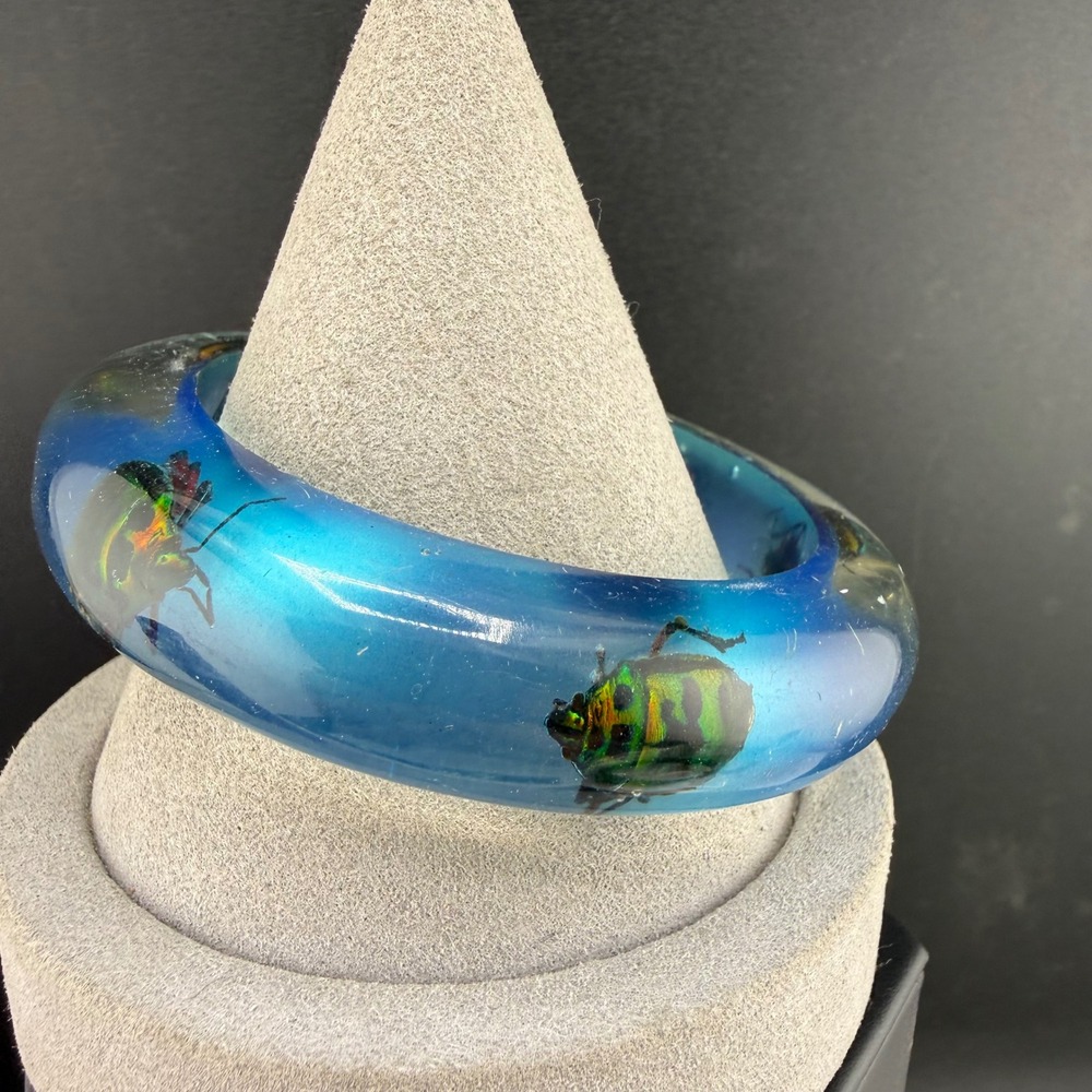 Vintage Real Beetle Insect Resin Bangle Bracelet Bug Inclusions Blue  Green 8
